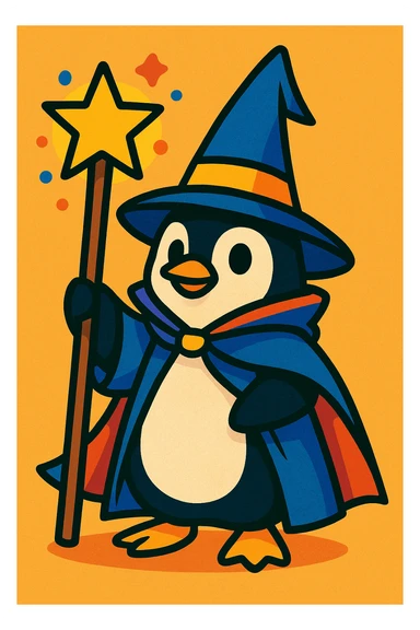 a penguin dressed as a wizard, with a pointy hat and a magic staff, in a fun and whimsical style, colorful vibrant toon illustration sticker