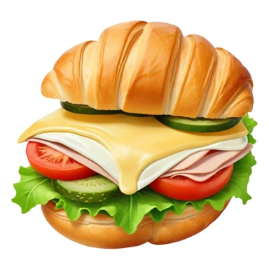 sandwich with turkey, lettuce, pickles, mayonnaise, and tomatoes on a croissant sticker