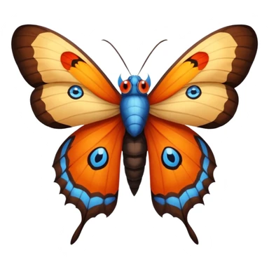 moth with blue eyes mornach butterfly wings orange and yellow with red godzilla eyes on the wings, brown tail, black Moth Insect Arms and legs almost like mothra sticker