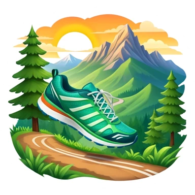 A dynamic icon featuring a pair of running shoes in motion on a scenic trail, surrounded by trees and mountains. The background shows a sunrise, symbolizing energy and passion for running. Transparent background enhances the focus on movement and the joy of outdoor jogging. sticker