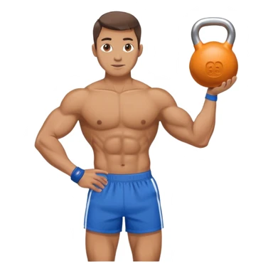 athletic man with blue shorts holding kettlebell sticker