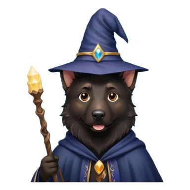 all black german shepherd face wearing a wizard hat and staff and magic swirling around him sticker