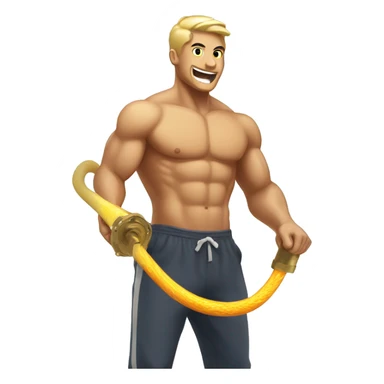 Shirtless gym bro spraying fire hose with gold water spra sticker