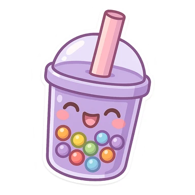 purple bubble tea with rainbow boba, cute and exaggerated chibi sticker style sticker