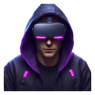 Russian man wearing a black hoodie with "OMG" letters on it and VR headset in a cyberpunk VR environment with violet neon lighting. sticker