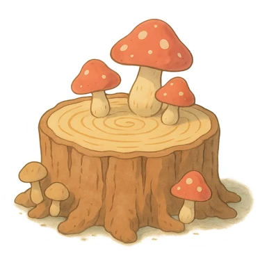 a tree stump cake topped with mushrooms, forest dessert concept, soft pastel colors, ghibli style sticker