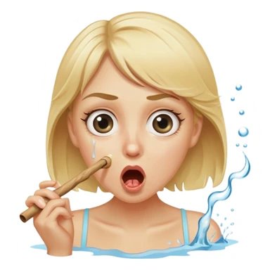 blond woman with wide eyes, holding a wide skin-colored stick with a nibble on the edge, water squirting from the stick into her mouth, shocked face sticker