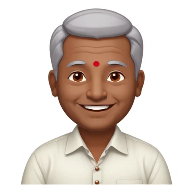 50 yr old indian man, dark skin, grey hair, big smile, white teeth, chubby, no moustache, clean shaven, young style hair, hair brushed back, 5 oclock shadow, bindy, dress shirt, forehead dot, chubby, religious, red dot sticker