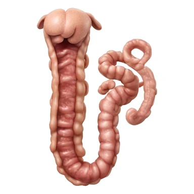 the intestines of a dog from a ventral view. Include the small intestine coiled in the middle, the large intestine connected to it, and the colon running down the left side. Make sure the positions are realistic sticker