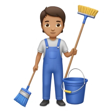 man in cleaning clothes, holding a broom and a bucket sticker