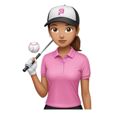 A female golfer with a pink polo shirt, a black skirt, and a white baseball cap. sticker