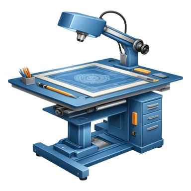 An icon featuring an engineering drafting table with a blueprint, a ready machine, and microchips, symbolizing engineering. The design includes gears, tools, and circuit boards, representing the design, creation, and innovation in technology. Transparent background highlights the science of building sticker