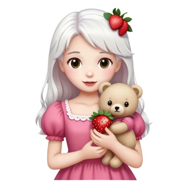girl with white hair holding a strawberry wearing a pink dress holding a teddy bear sticker