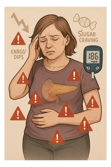 "Woman struggling with worsening insulin sensitivity, blood sugar spikes visualized as red warning signals throughout her body, expression of energy crashes and sugar cravings, pancreas working overtime shown in transparent overlay, pre-diabetic progression despite dietary efforts, metabolic syndrome symptoms accumulating, glucose meter showing increasingly concerning readings" scritte in italiano sticker