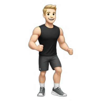 Joyful Celebrating victory Pale skinned Fit Man With the biceps and dark brown hair in black shirt, gray sports shorts and white Sneakers sticker