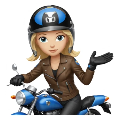 moça loira de cabelo comprido e olhos azuis com capacete em moto honda 150 preta em cima da moto sticker