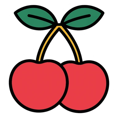 Two cherries with golden stems connected, paired with dark green leaves sticker