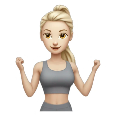 Pale skinned fit woman In a gray tight yoga suit With ash blonde hair in a ponytail doing yoga sticker