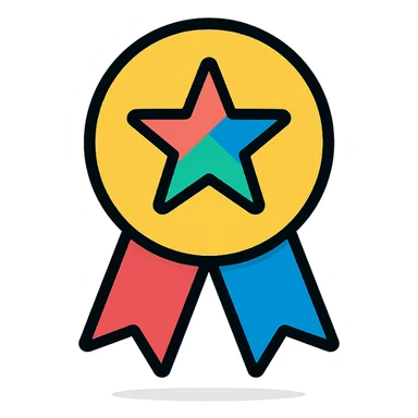 vector icon of a trending icon with gold and colorful elements, elegant and minimalist flat design, isolated on white background, award badge style, 2D flat vector, trending icon look, soft shadows, no text, perfect for commercial use, icon style sticker