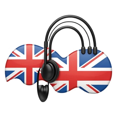 Minimalistic flat vector icon, iOS style, thin black contour on white background. Ear icon with sound waves and small UK/USA flag symbol. Clean, no text, no shadows sticker