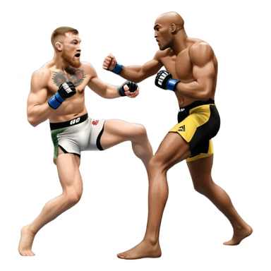 An MMA showdown between Conor McGregor and Anderson Silva in the octagon. McGregor is executing a powerful jumping strike, while Silva is expertly blocking the attack with his forearm. The background features the UFC octagon, fans in the distance, and dynamic action. Transparent background sticker