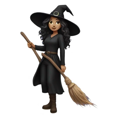 witch on a broom dark long hair white skin sticker
