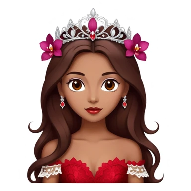 enchantress with brown eyes and tanned skin and long chocolate brown hair wearing a embellished scarlet red and white lace gown with orchid tiara sticker