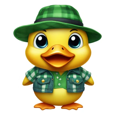 cute fluffy chubby baby duck with hand and wear green hat and red checkered shirt and jeans jumpsuit sticker