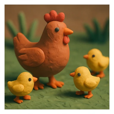 hen and chicks walking in grass, soft lighting, hand-molded details sticker