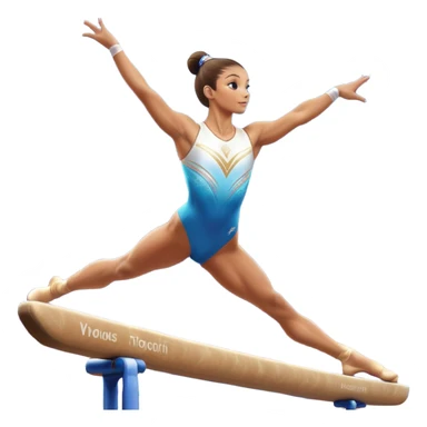 A gymnast performing a flawless routine on the balance beam, showcasing strength and grace. The scene captures the precise, elegant movement with perfect balance and form. The background features a gymnastics arena with vibrant lighting and cheering crowds, emphasizing athleticism and poise. sticker