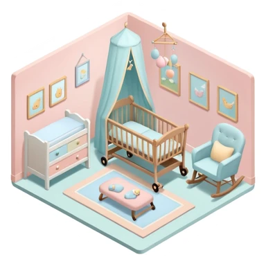 isometric baby room, Nursery with pastel walls and hanging mobile sticker
