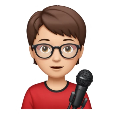 singer, Old, brown short hair, holding mic, red shirt glasses sticker