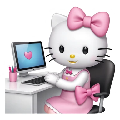 Hello Kitty working at office desk with computer sticker