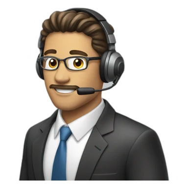man in suit wearing headset and mic sticker