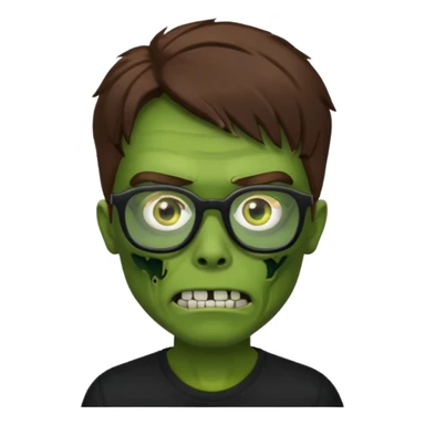 Green zombie, brown hair, black glasses, black shirt. iOS style. sticker