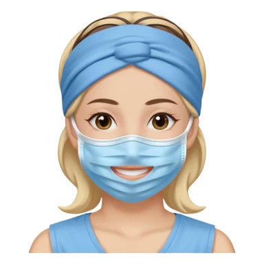smiling woman with blue face mask, headband, peaceful sticker