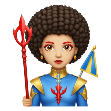 Emoji metisse femboy mais plus masculin avec drapeau ukrainien arriere plan, un afro, sourcils rouge, fourche trident, et eclairs et sur fond bleu clair irrisé. Peau lightskin, yeux marron et cheveux marron bouclés mais en mode afro pixi cut sticker