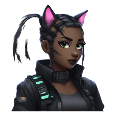Gorgeous cyberpunk ponytail dark techwear anime style anthro black cat furry with blushing face aesthetic and pretty edgy black with collar and harness trending style sticker