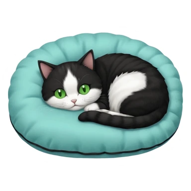 tuxedo short haired cat with green eyes sleeping in a lightblue pillow sticker