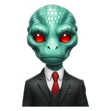 Aquamarine reptilian in classic black suite with red laser eyes on the middle of platinum coin sticker