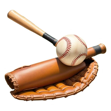 A baseball bat, ball, and glove resting on the ground, set against the backdrop of a baseball field. The scene captures the iconic equipment of the sport, with the field in the distance and a bright sky above, evoking the spirit of the game. sticker