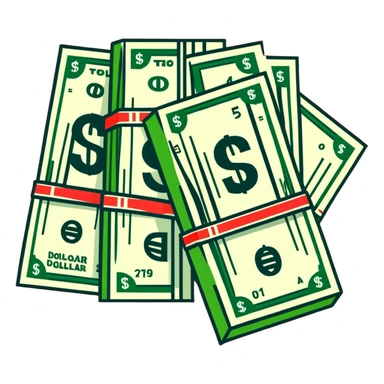 green upward arrow next to progressively taller stacks of dollar bill packs wrapped with bands sticker