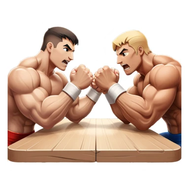 Two strong competitors locked in an intense arm wrestling match, muscles tensed as they battle for victory. The table is well-lit, showcasing their focused expressions and powerful arm grips. The background features a competitive arena with a cheering crowd. Transparent background. sticker