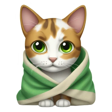 Calico cat with green eyes wrapped in a blanket sticker