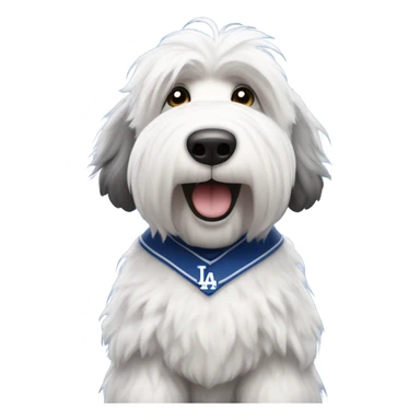 Old English Sheepdog full height wearing a Los Angeles dodgers baseball jersey sticker