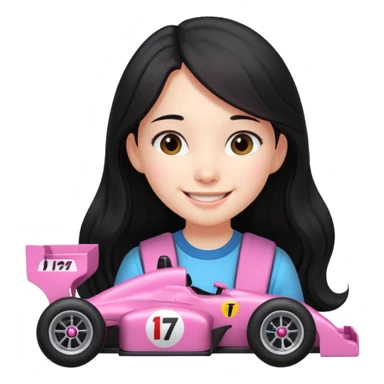long black haired girl kid playing pink colored formula 1 car toy sticker
