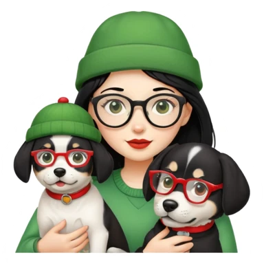 A girl with a dog in a green hat with red glasses and black hair sticker