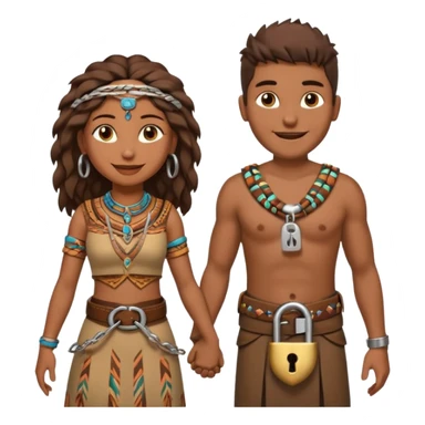 A happy tribal man holding hands with a happy tribal woman wearing a belt with a padlock sticker
