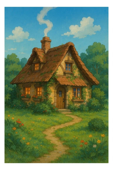 a cozy cottage with smoke curling from the chimney, ghibli style sticker