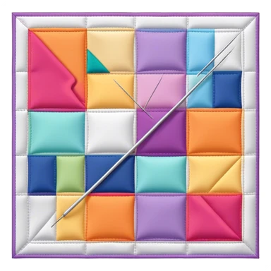 Patchwork and quilting icon, colorful fabric patches sewn together in a quilt pattern, sewing needle and thread, quilting tools like rotary cutter or quilting hoop, minimalistic style, clean lines, transparent background. sticker